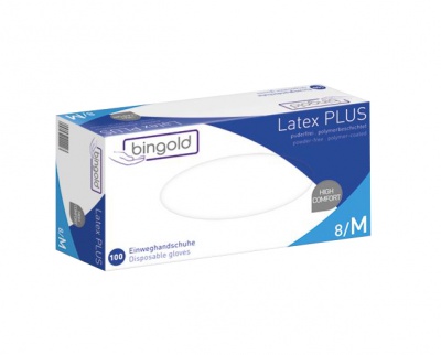 BINGOLD Latex 50Plus naturfarben - Polymerbeschichtete Latex Plus Einweghandschuhe aus Naturkautschuklatex puderfrei, 100 Stück/Box